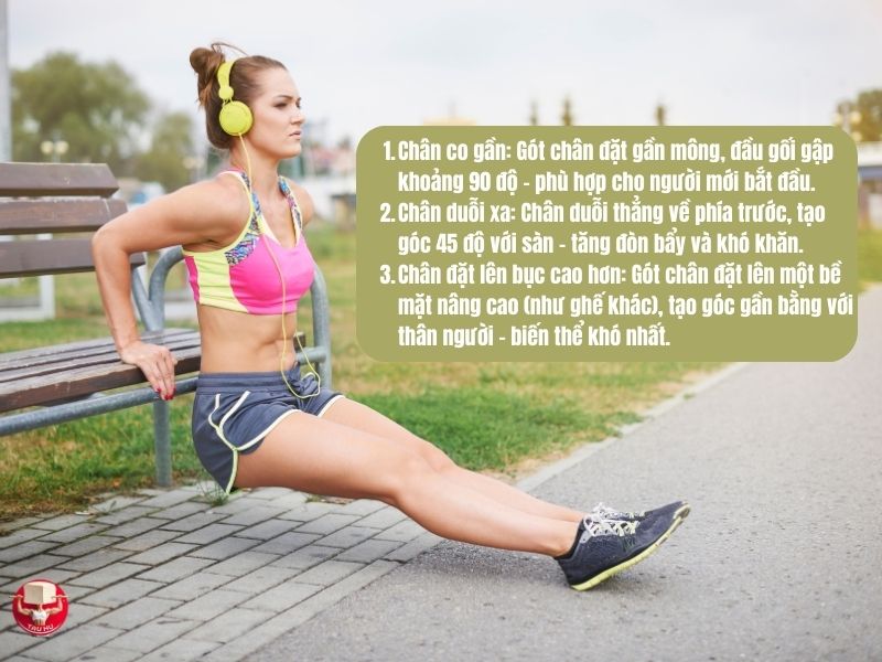 Các biến thể của Bench dips theo độ khó tăng dần
