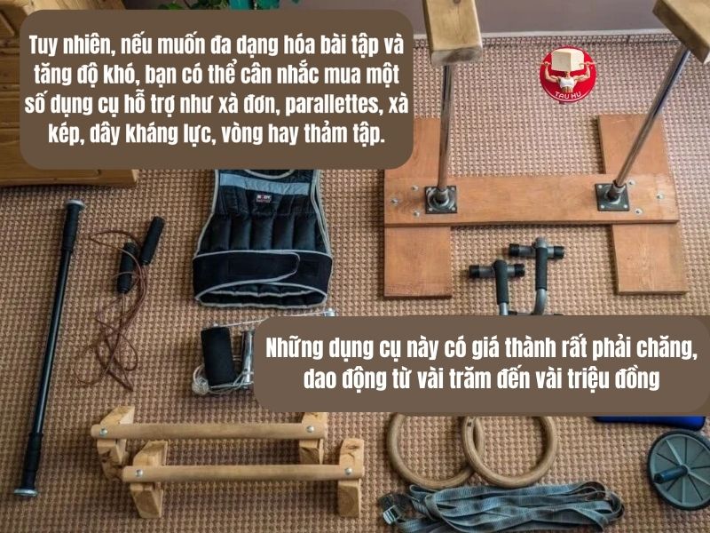 Có thể đa dạng các bài tập Calisthenics bằng cách sử dụng dụng cụ hỗ trợ như parallettes, xà kép, găng tay,..