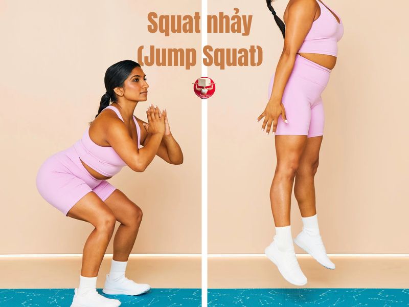 Bài tập squat nhảy (Jump squat) gập gối nhiều hơn (khoảng 80-100°), từ đó giúp cải thiện hiệu quả của chu kỳ căng-giãn 